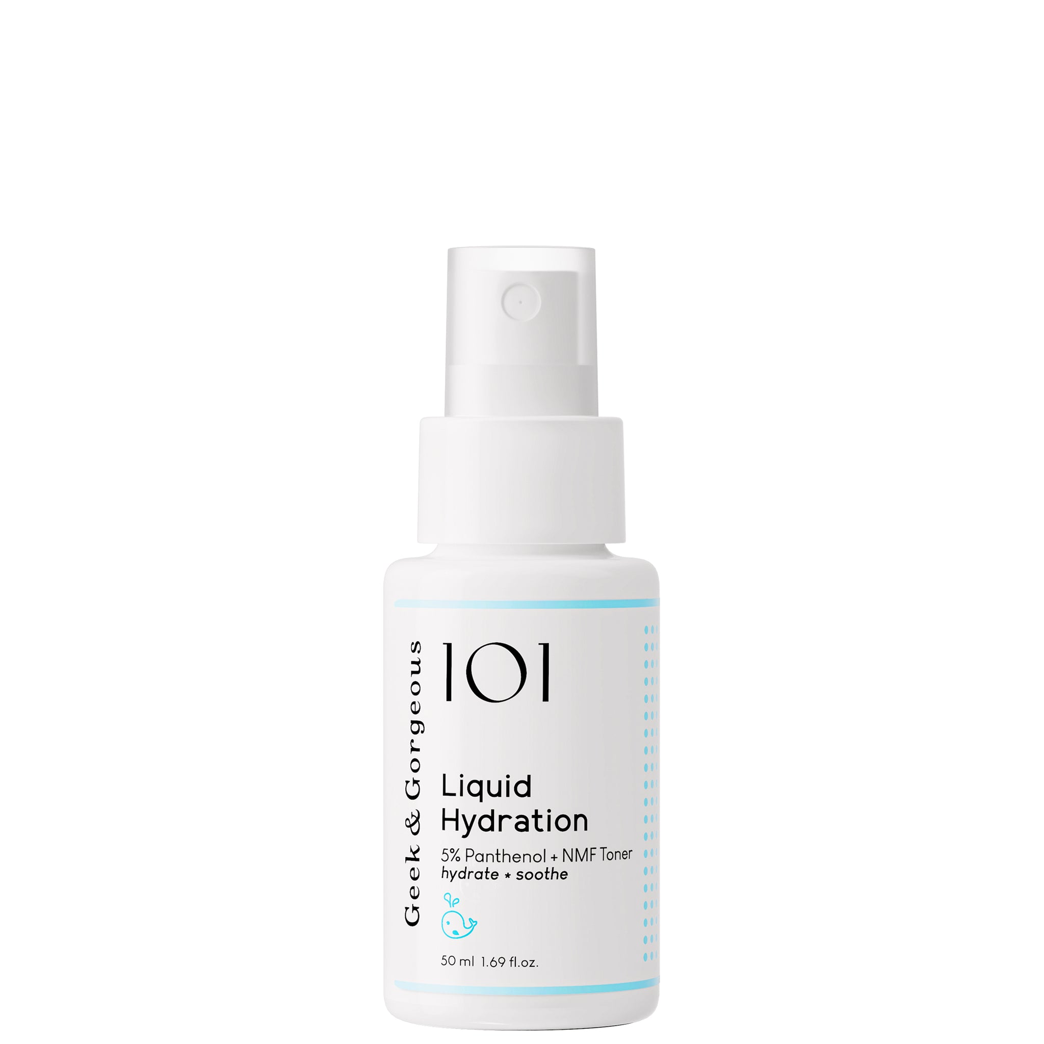 The small, 50 ml version of our Liquid Hydration toner spray standing in front of a white background.
